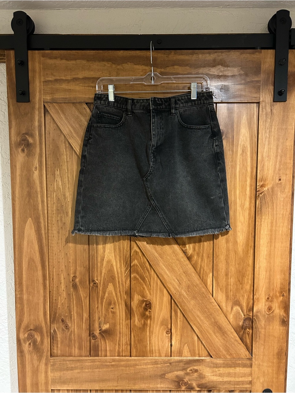Volcom Washed Black Denim Mini Skirt with Frayed Hem